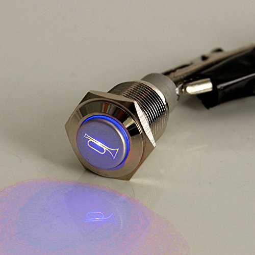 E Support 19mm Puissance Bleu LED 12V 3A Bouton Poussoir Voiture Momentané Interrupteur à Bascule Commutateur Métal Corne Orateur Klaxon ON/OFF