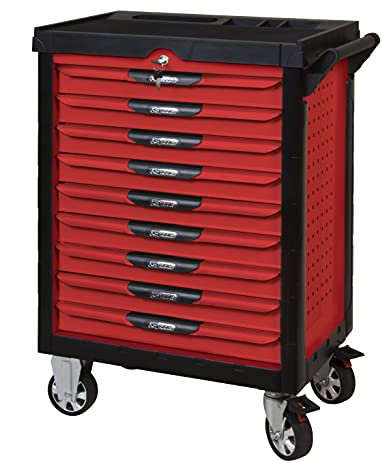 KS TOOLS - 809.0009 - Servante d'atelier Vide Ultimate 9 tiroirs - Caisse à Outil - Couleur Rouge - Plateau INOX - Porte flacons
