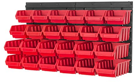 Storage bins with wall mounted panel - 24 red bins