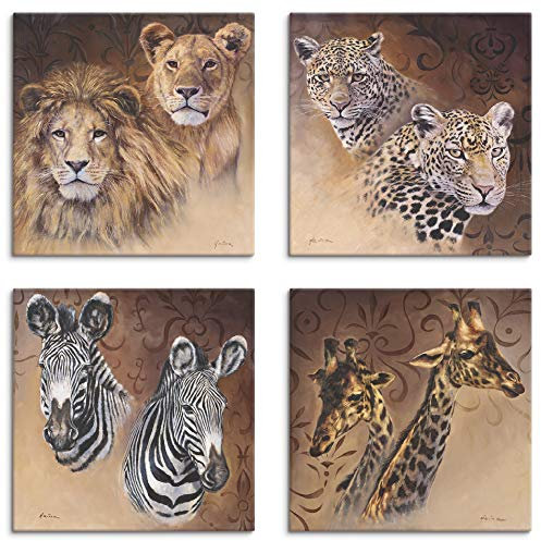 ARTLAND Wanddeko Leinwand Bilder Set 4tlg. je 40x40 cm Quadratisch Wandbilder Tiermotive Afrika Löwen Leoparden Zebra Giraffen S7EZ
