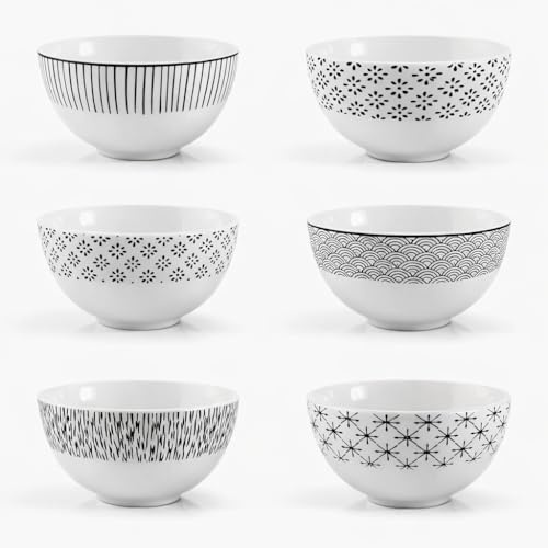 6er set Müslischalen Keramik 600ml Salatschälchen Suppenschüssel Schüssel für Obst-Salat, Müsli & Suppe Snack-Schälchen Müsli, Nüsse, EIS, Chips und andere Servierschalenset Schwarz & weiß (Seoul)