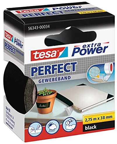 tesa extra Power Perfect Gewebeband - Gewebeverstärktes Ductape zum Basteln, Reparieren, Befestigen, Verstärken und Beschriften - Schwarz - 2,75 m x 38 mm