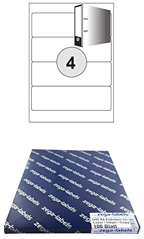 400 Ordnerrücken-Etiketten 192 x 61 mm selbstklebend auf DIN A4 Bögen (1x4 Etiketten) - 100 Blatt Pack - Universell für Laser/Inkjet/Kopierer einsetzbar - 192x61mm 4-teilig