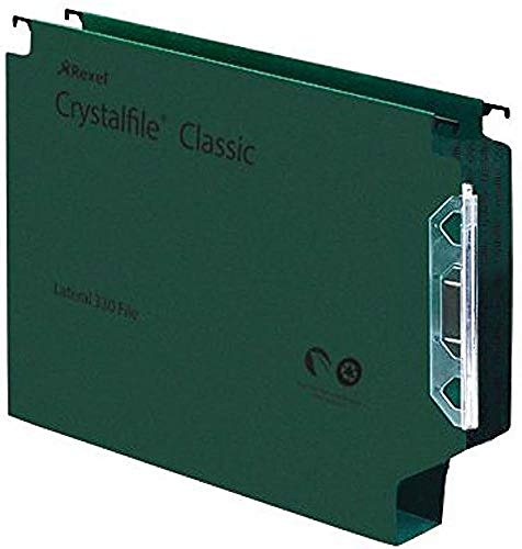 Rexel 330 Lateral Hanging Files with Tabs and Inserts, 50 mm base, 100 Percent Recycled Manilla, Green, Crystalfile Classic, Pack of 25, 70672