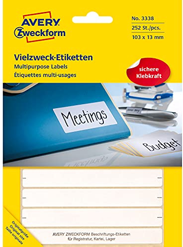 Avery Zweckform 3338 Haushaltsetiketten selbstklebend (103 x 13 mm, 252 Aufkleber auf 28 Bogen, Vielzweck-Etiketten für Haushalt, Schule und Büro zum Beschriften und Kennzeichnen) blanko, weiß