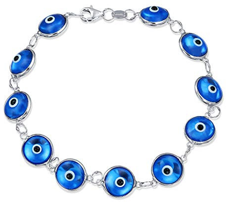 Bling Jewelry Braccialetto Amuleto di Protezione Portafortuna con Perline di Vetro Traslucido Turco Occhio di Malocchio per Donne e Adolescenti in Argento Sterling .925 Blu 7,5 Pollici