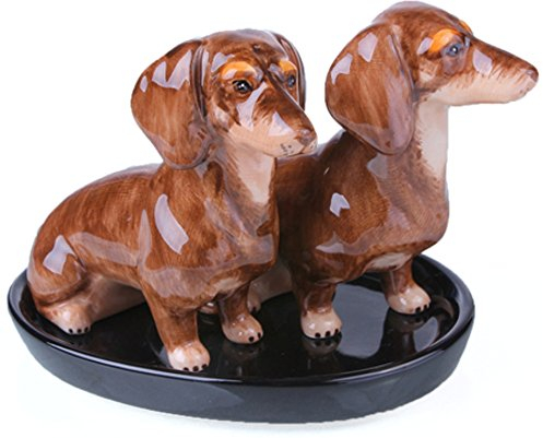 Unbekannt Dackel Salz und Pfefferstreuer Set Keramik, 3-teilig, handgefertigt und handbemalt, Braun, Keramik
