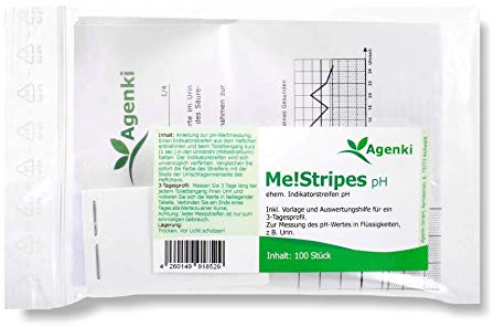 Agenki Me!Stripes pH – Urin pH Teststreifen - Indikatorstreifen pH mit Anleitung inkl. Erläuterung pH Diagramme & Vorlage zum Eintragen der Messwerte - 100 Stück