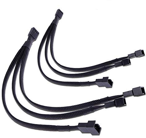 PWM Fan Splitter Adapter Cable Sleeved Braided Y Splitter Computer PC 4 Pin Fan Extension Power Cable 1 to 3 Converter 10 inches (2 Pack)