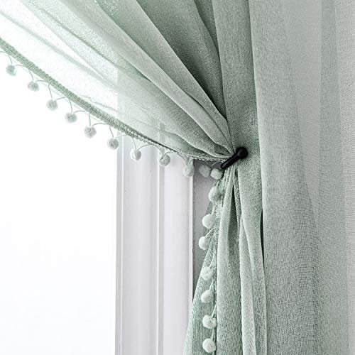 Selectex Gardinen in Leinenoptik mit Pompoms, durchscheinend, mit Stangentasche, Voile, halbdurchsichtig, für Wohnzimmer und Schlafzimmer, 2 Stück (132,1 x 213,4 cm, Aqua)