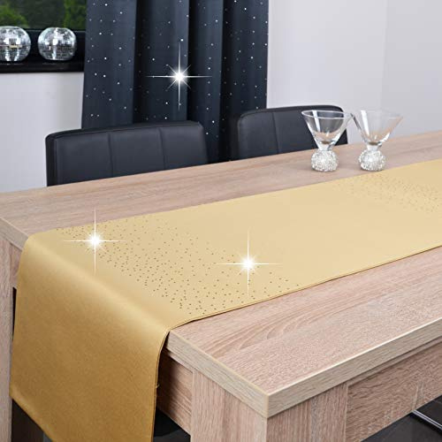 DECOOR - schmutzabweisende Tischband/ Tischläufer, aus Zwei Gewebeschichten, mit Kristallen verziert, Gewebe 200 g/m², 100% Polyester, hergestellt in EU. (Gold, 40 x 160 cm)