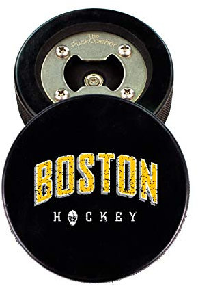 Boston Flaschenöffner aus echtem Hockey-Puck, Cap Catcher Magnet, Getränkeuntersetzer, Hockey City Design, The PuckOpener