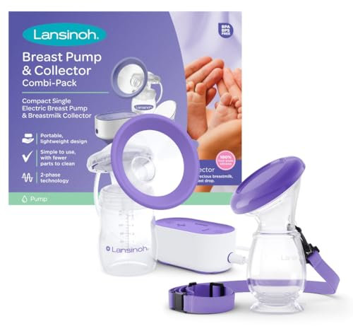 Lansinoh Breast Pump & Milk Collector Bundle - Single Electric Pump & Hands-Free Silicone Collector for Maximising Milk Collection - 5 Adjustable Suction Levels - Portable & Lightweight