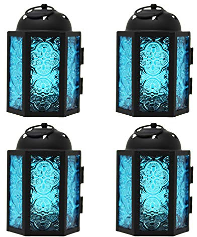 Dekorative Kerzenlaterne für Hochzeiten, Terrasse und Heimdekoration, kleine marokkanische Mini-Laterne, blaues Glas, 4er-Set