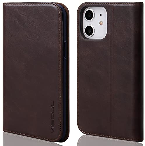 VISOUL iPhone 12 Mini Hülle,Stoßfeste Handyhülle [Echtleder] [RFID Schützt] [Kartenfach] [Magnet] [Standfunktion],TPU Schutzhülle Lederhülle für iPhone 12 Mini Kaffee