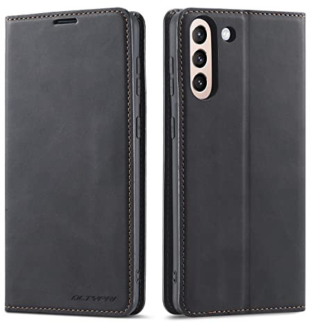 QLTYPRI Case for Samsung Galaxy S21 5G, Premium PU Leather Cover TPU Bumper with Card Holder Kickstand Hidden Magnetic Adsorption Flip Wallet Case Cover for Samsung Galaxy S21 5G - Black