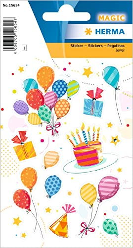 HERMA 15654 Aufkleber Geburtstag Glitzer, 23 Stück, Geschenk Sticker mit Luftballons Kuchen Torte, Erwachsene Kinder Geschenkaufkleber für Glückwünsche Happy Birthday Herzlichen Glückwunsch Dekoration