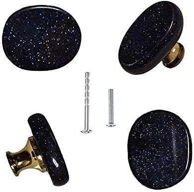 YOUYOUULU Set mit 4 Glänzenden blauen Sand Knäufen Schwarzen Kristall Knöpfe Natürlichem Stein Ziehgriff für Schubladen knäufe Kommoden Griff Schränke Knauf (blauer Sand)