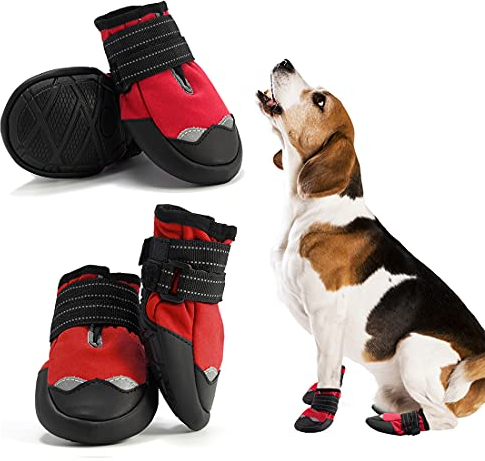 4Pcs Hundeschuhe, Pfotenschutz für Hunde mit reflektierenden Riemen, wasserdichte Hundestiefel mit weicher Sohle für Hunde (1#, Rot)