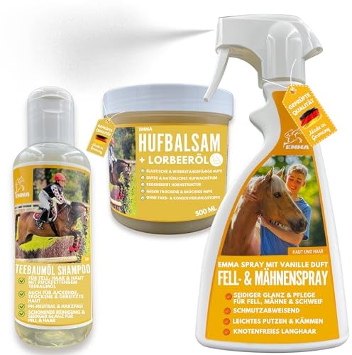 EMMA Pferdepflege Set 3-teilig – Teebaumöl-Shampoo, Mähnenspray & Huffett