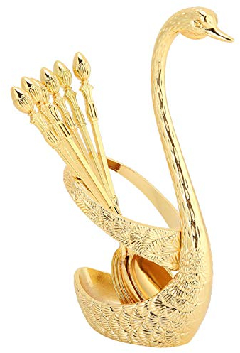 Metall Kaffee Dessertlöffel Set, Schwan Kaffee Dessert Dekoratives Kreatives Geschirr Set mit 6 Löffeln für Kaffee, Obst, Dessert, Rühren, Mischen, Zucker, Rühren, Eis, Kuchen, Teelöffel(Gold)
