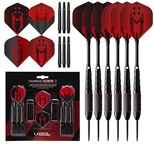 Darts Corner X1065 Thunder | 24-teiliges Dart-Set mit Stahlspitze mit 22 g Barrels, Flights und Aluminiumschäften, Serie 1, schwarz/rot