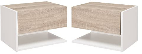 HOMCOM Tables de Chevet suspendues Lot de 2 - Tables de Nuit Murale - tiroir Coulissant - en Bois Bicolore Aspect chêne Clair Blanc