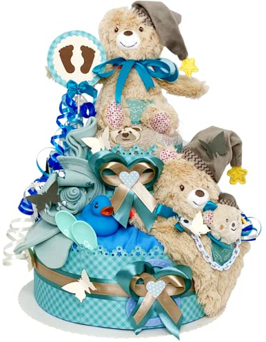 Windeltortezurgeburt MomsStory - Windeltorte Junge | Windelgeschenk Bär Baby-Geschenk zur Geburt Taufe Babyparty 2 Stöckig (Braun-Grün) XL Spieluhr Lätzchen Schnuller Windeln & mehr