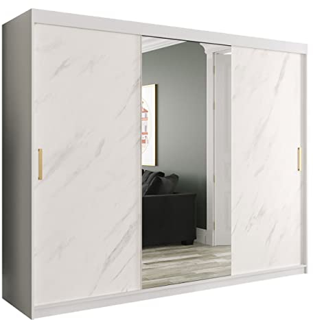 Kleiderschrank Kamoga T1, Schwebetürenschrank mit Spiegel, 2 Kleiderstangen, Marmor Optik Muster, Schiebetürenschrank für Schlafzimmer (Modell 250, mit Schubladen, Weiß/Marmor Weiß + Gold)