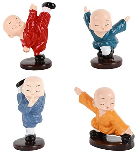 Milya 4 Stück Miniatur Kung Fu Mönch Deko Figuren, Kunstharz Kleiner Buddha Statue für Auto Armaturenbrett Tischdeko Wohnung Küche Schlafzimmer Kinderzimmer Garten Laden