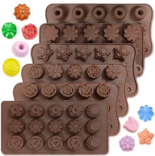 6 piezas Silicona Moldes de chocolate, Molde de flores Molde de caramelo Molde de gelatina Antiadherente Moldes para hornear de cocina Bandejas de cubitos de hielo para Fiesta Festival - 15 formas