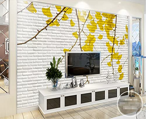 WS WALLPAPER Papier Peint 3D Intissé Mur De Briques Blanches Arbre Ginkgo Papier Peint Panoramique 3D Moderne Décoration Murale