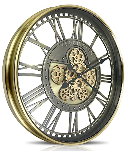 DORBOKER Real Moving Gears Wall Clock Large Modern Metal Clocks for Living Room Decor, Industrial Steampunk Unique Vintage Rustic Decorative Clock for Home Farmhouse Office,53.5cm,Bronze Gold Roman