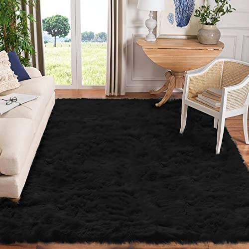 Goolela Schwarzer Schaffellteppich 10x12 Flauschiger Plüsch-Zottelteppich für Wohnzimmer Schlafzimmer Pelziges Kunstfell Weiches Rechteck