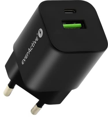 everActive GaN Netzladegerät mit USB QC3.0 und USB-C PD PPS Anschluß, schnelles Laden, Gesamtleistung 30W, solides, einteiliges Gehäuse, Modell SC-390QB