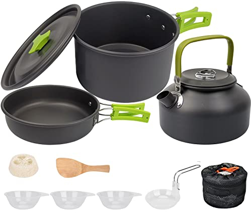 Set de Ollas Camping 2-3 Personas Kit de Utensilios de Cocina de Camping Aluminio Ollas y Sartenes para Acampar 10 PCS Cocina Portátil para Camping Senderismo Acampada al Aire Libre (Verde)
