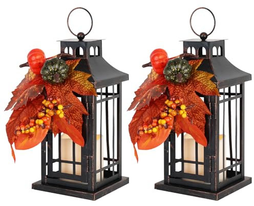 DECORKEY Decorazioni autunnali per la casa, set di 2 lanterne decorative per il Ringraziamento, decorazioni per interni ed esterni, lanterne vintage da 28 cm con ghirlanda a goccia e candela per patio