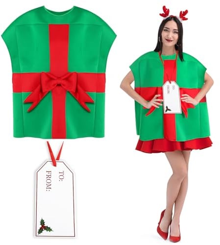 Jenaai 2 Pcs Christmas Costume for Women Present Cosplay Apparel Costume with Gift Card Accessories for Christmas Cosplay Dress Up Party Supply