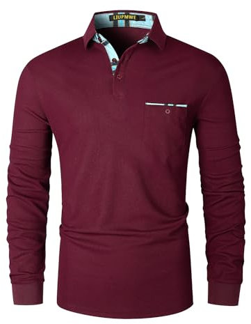 LIUPMWE Men's Long Sleeve Polo Shirt Casual Golf Tennis Shirts with Plaid Collar,Red-09,XXL