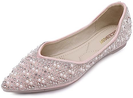 QXCXINGDY - Scarpe basse da donna con strass, punta affusolata, perla diamante, tacco basso, scarpe basse da cerimonia, da lavoro, da ballo, Rosa, 42 EU