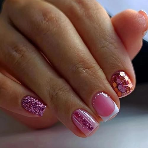 Ceboic Press on Nails Kurz Eckig, 24 Stück French Rosé Rosa Glänzend Künstliche Nägel, Natürliche Acryl Fingernägel Fake Nails für Frauen und Mädchen Nail Art Maniküre Dekoration