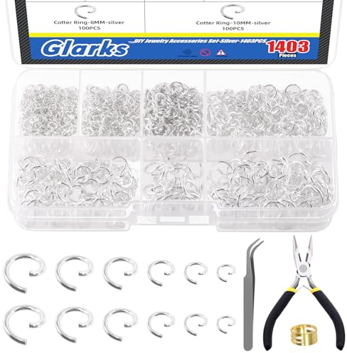 Glarks 1403Pcs 10mm 5mm 4mm 7mm 8mm Open Jump Rings Kit, Iron Round Ring Connectors Nickel Free Sliver O Rings for Jewelry Making Connectors and Necklace Repair