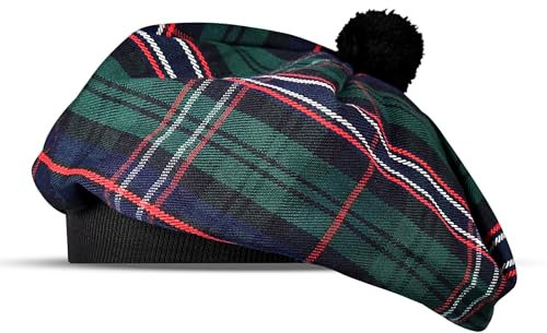 H HIGHLAND REDSTONE Schottische Mütze Tam o Shanter Scottish Bonnet Tartan Hut Acryl Wolle mit Pompon, Schottland National, Einheitsgröße