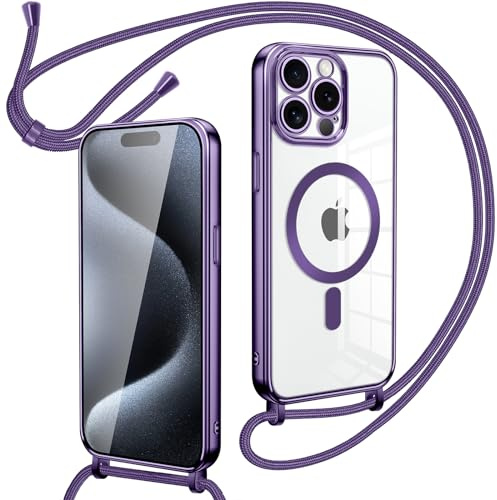Oelrstfe Cover Magnetica con Cordino per iPhone 15 Pro Max, Viola | Trasparente Custodia con Magnetico Sottile con Laccio Collana Tracolla Regolabile Antiurto Case con Collana