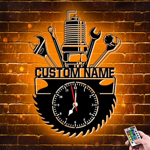 Personalisierte Wanduhr für Reparaturwerkstätten, Neon-Schild, mit personalisiertem Metallnamen beleuchtet, leiser LED-Quarz-Wanduhr ohne Ticken,
