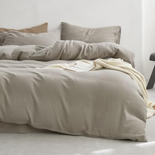 KEAYOO Double Gauze Bettwäsche 155x220 cm mit einem Kissenbezug 80x80 cm aus 100% Baumwolle - Traumhaft weiche (Taupe, 155x220cm)