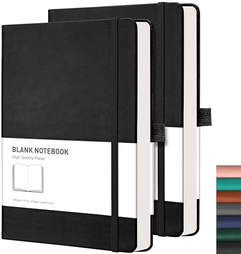 RETTACY Notizbuch A5 Blanko 2er Pack - 384 Seiten Unlined Notizbücher Mit 100gsm Blanko Papier, Stiftschlaufe, Innentasche, Für Skizzieren Schule Frauen Männer 14.5 X 21cm-Schwarz