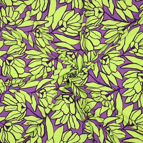Stoff Meterware Blumen Blüten Flowers Viskose - Damen Blumen Frühling Sommer Bluse Rock Kleid Accessoires Deko (Blumen Bouquet Gelb Lila)