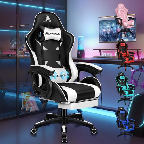 ALFORDSON Sedia Gaming, Gaming Chair con Massaggio a 2 Punti per Gioco, Sedia da Computer ergonomica con Cuscino Lombare, Altezza Regolabile, Ecopelle, Bianco