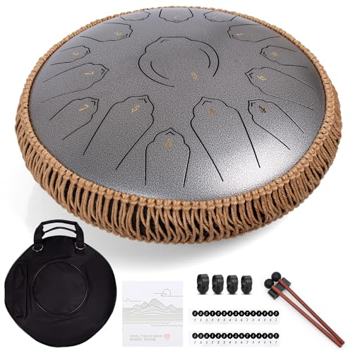 AMKOSKR Stahlzungentrommel, 14 Zoll 35 cm Steel Tongue Drum, C-Dur 15 Noten, Handtrommel HandPan Drum mit Drumsticks, Tragetasche, Silber